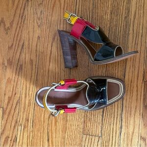 Prada Black Patent Leather Sandals with Red and Yellow Straps